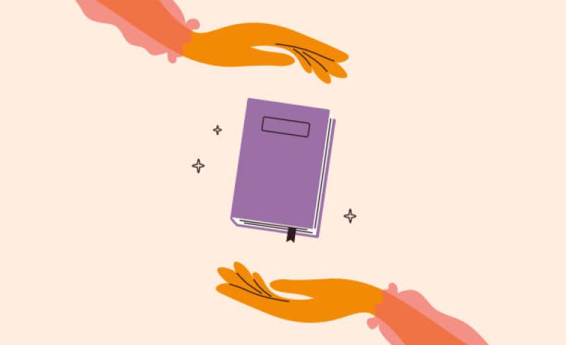 Woman hands holding magic book. Fairy tale story. Elegant girl in a pink blouse reading literature. Read books lover. Education, literacy day concept. Book swap, bookstore, library vector illustration