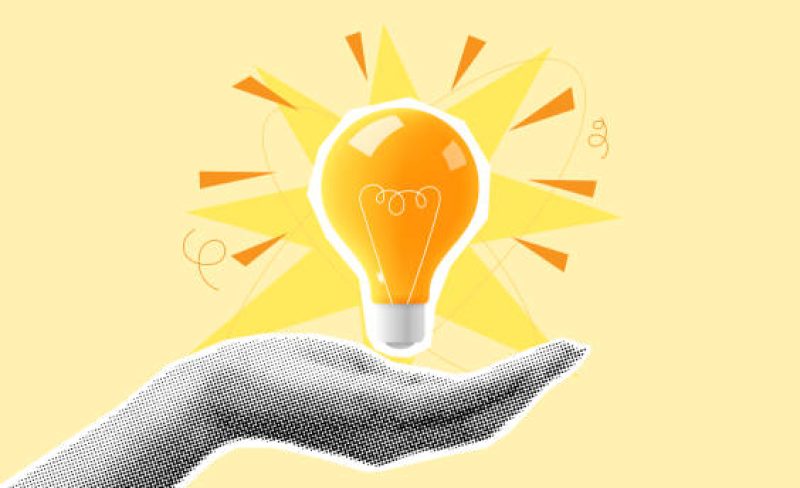 Halftone hand shows bulb. Concept of creative idea or brainstorm. Vector illustration with paper cut out elements. Retro poster or banner. Creative trend collage.