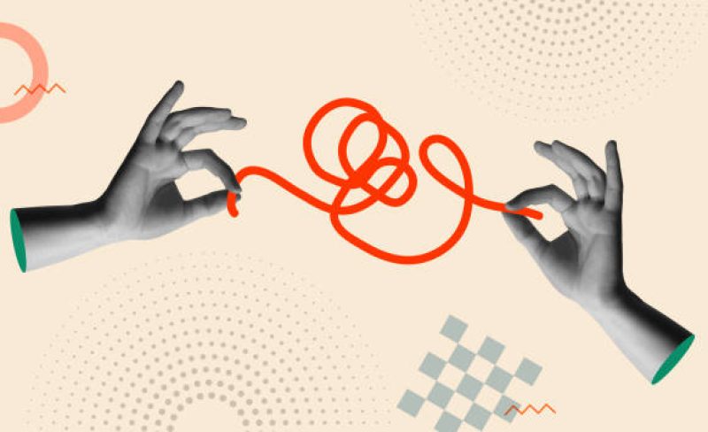 Hands working together to untangle red rope in retro 90s collage style vector illustration. Concept of solving work or psychological problems.