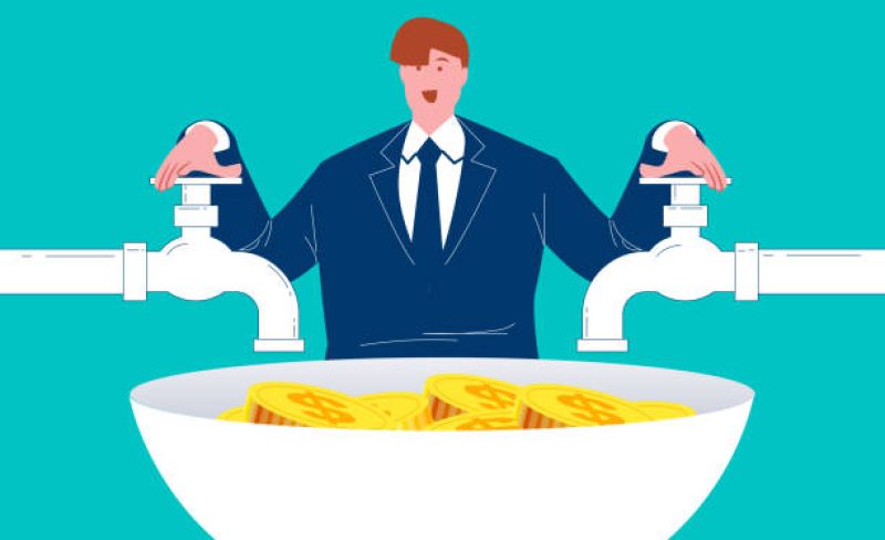 Cash flow, profits from business investments, business marketing or the stock market, the sitting businessman turns on the faucet money flows into the bowl