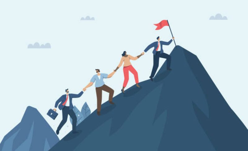 Teamwork of business people, Unity of employees, Difficulties in overcoming success in business, Business team climbs to the top of the mountain, overcomes difficulties and achieves goals. Vector.